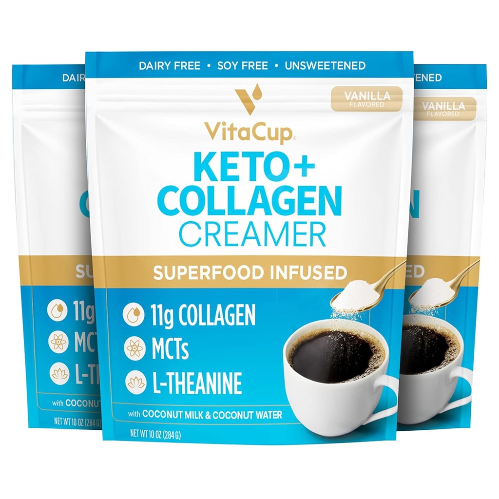 VitaCup Keto + Collagen Coffee Creamer Vanilla Flavor w/MCT, Collagen Protein, Coconut Water, L-teanina per Keto Diet, Caffè, Smoothies, & Shakes, Dairy-Free, Gluten-Free, Soy-Free, 3 borse, 10oz ogni