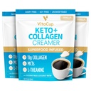 VitaCup Keto + Collagen Coffee Creamer Vanilla Flavor w/MCT, Collagen Protein, Coconut Water, L-teanina per Keto Diet, Caffè, Smoothies, & Shakes, Dairy-Free, Gluten-Free, Soy-Free, 3 borse, 10oz ogni