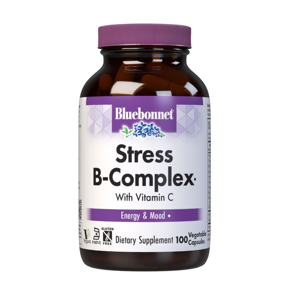 Bluebonnet Nutrition Stress Relief B Komplexe Gemüsekapseln, Vitamin B6, B12, Biotin, Folat, Vegan, Gluten & Soy & Milk Free, Koscher, Unflavored, 100 Count