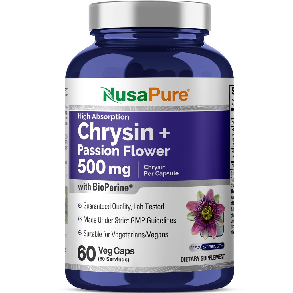 Chrysin with Passion Flower, Non-GMO, 500mg, 60 Veg Capsules - 60 Servings | Adults Dietary Supplement Formula, Chrysin Flavonoid Compound, Vegan, Manufactured in a cGMP Registered Facility USA