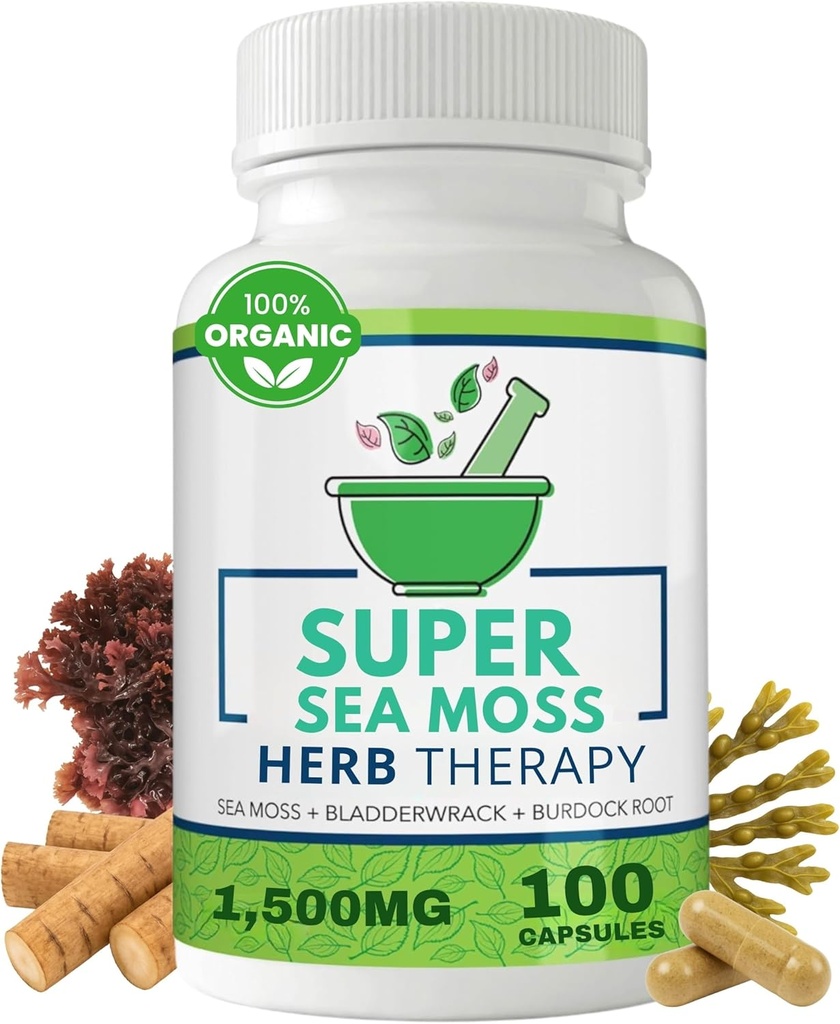 Sea Moss Capsules 100 Pack - Irish Sea Moss mit Bladderwrack Powder & Burdock Root Powder - Keto & Alkaline Diät-Unterstützung - Keine Füllstoffe Seamoss Raw Supplement