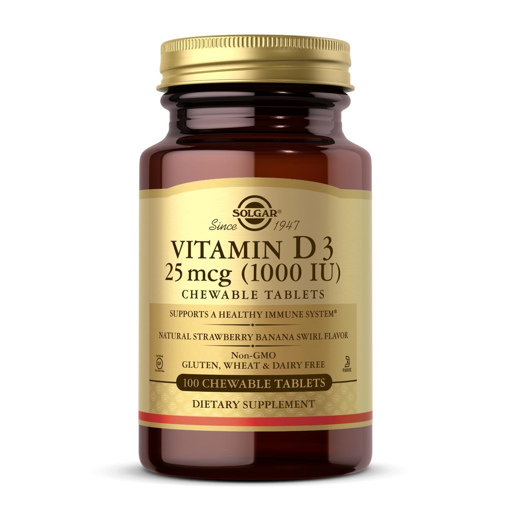 Solgar Vitamine D3 (Cholecalciferol) 25 mcg (1000 UI), Fraise naturelle Banane Swirl - 100 comprimés à croquer - Non-OGM, Casher - 100 portions