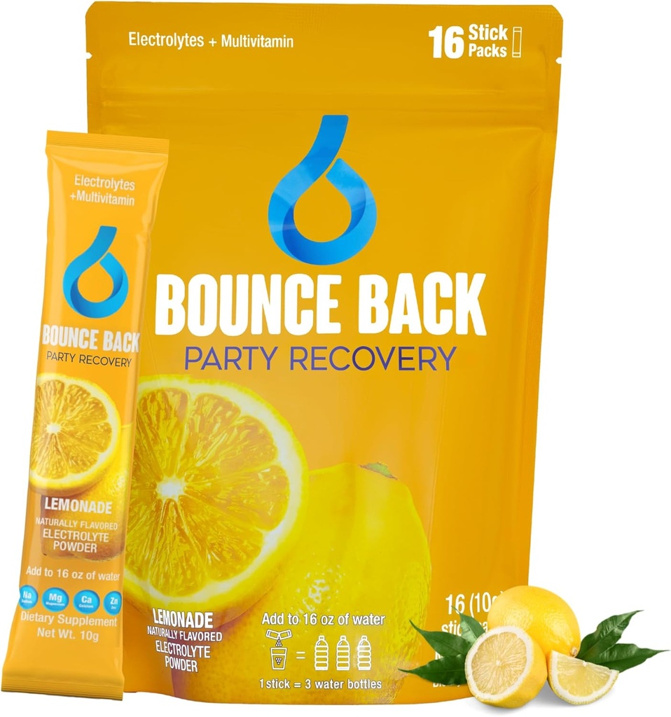 Bounce Back Pre and Post Drinking Liver Support | Electrolyte + Vitamine e pacchetti di idratazione minerale | Perfetto dopo una notte fuori | Vacanze e viaggi essenziali (16 Pack, Lemonade)