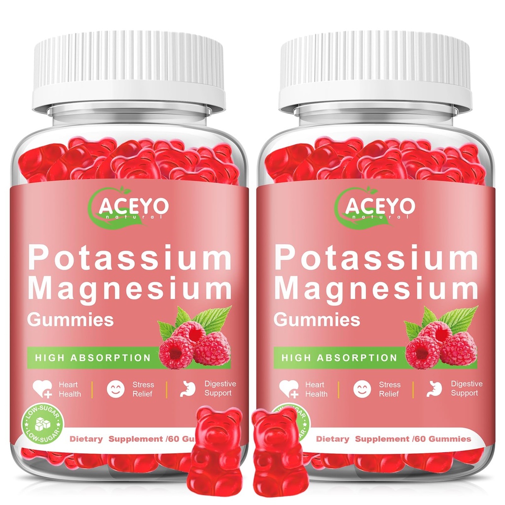2 Pack Kalium Magnesium Gummi für Erwachsene Kinder High Absorption Leg Kramps & Muskel & Herz Gesundheit Immun Gesundheit Himbeer Magnesium Gummies Kaugummi Ergänzung Vegan Non-GMO