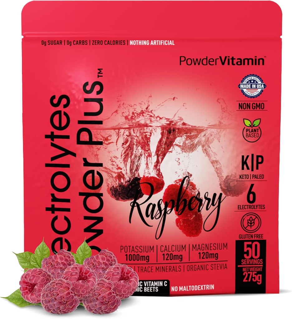 PolvereVitamin Electrolytes Powder Plus (50 Servings) Polvere di elettrolita del lampone Calorie Zero Keto, 0 Zucchero, No Maltodextrin, 1000mg Potassium, 120 mg di calcio, 120 mg di magnesio, polvere di idratazione