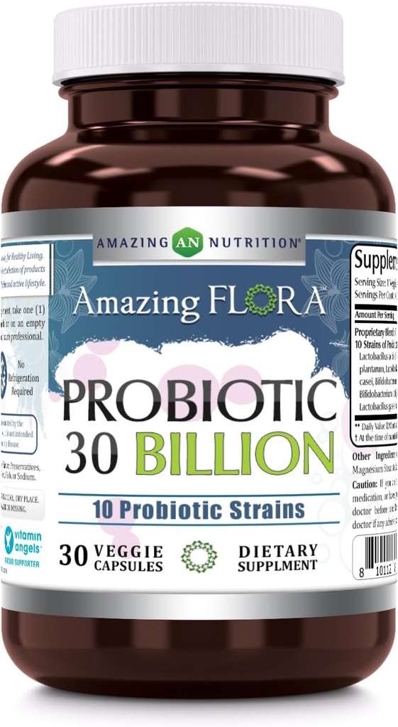 Erstaunlich Flora Probiotic 10 Best Probiotics Strains | 30 Billion | Veggie Capsules Supplement | Non-GMO | Gluten Free Made in USA (1 Pack, 30 Count)