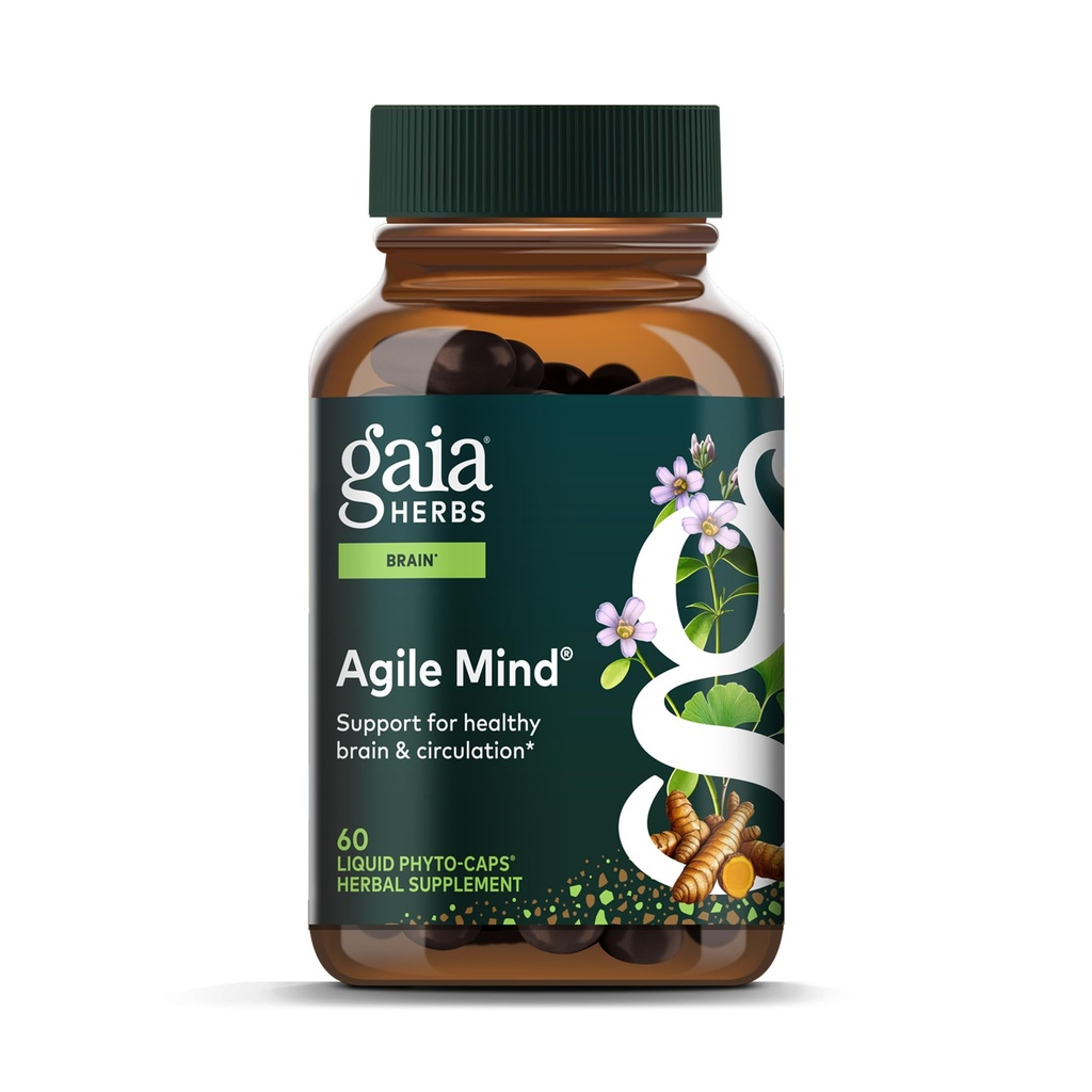 Gaia Herbs Agile Mind - Brain & Cognitive Support Herbal Supplements - mit Organic Turmeric Root, Bacopa, Black Pepper und Ginkgo Biloba - 60 Vegan Liquid Phyto-Capsules (30-Day Supply)