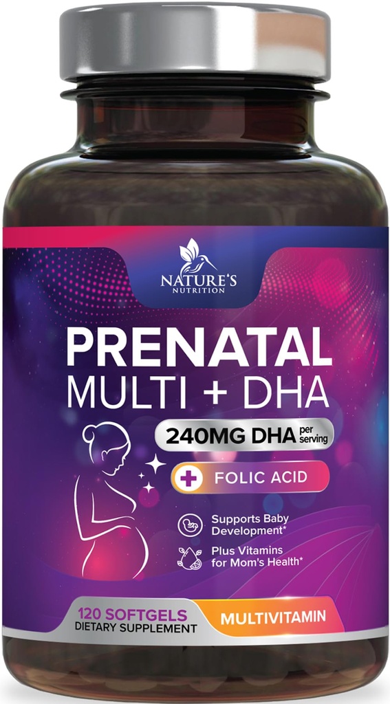 Vitamines prénatales avec acide folique et ADH, Soutien au développement du cerveau foetal avec folate et Omega 3, Multivitamine prénatale pour les femmes, Vitamine A, C, D, B6, B12 et Fer, Supplément grossesse - 120 Softgels