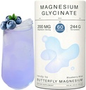 Magnesium Glycinate Powder 200mg | High Absorption Chelated Bisglycinate with Organic Butterfly Pea Flower | Supports Stress Relief, Calm & Sleep | 8.6 oz, 60 Servings