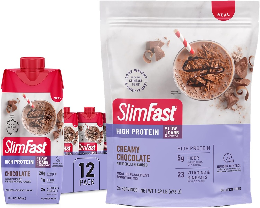 SlimFast High Protein Chocolate Bundle- 12 Count of Chocolate High Protein Meal Sostituzione Shakes (20g Protein) con 26 Serve di Chocolate High Protein Powder Mix (20g Protein)