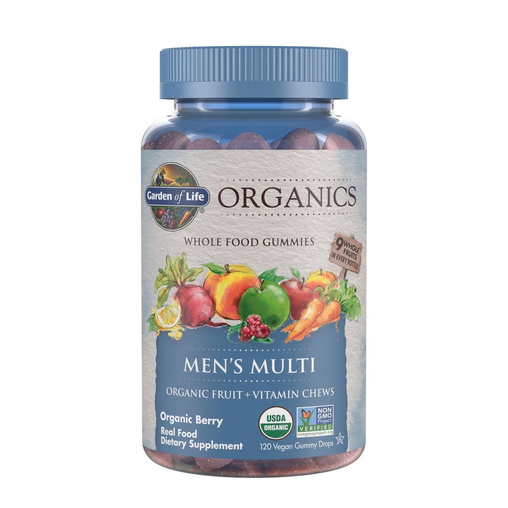 Garden of Life Organics Men's Gummy Vitamins - Berry - Certificato Organico, Non OGM, Vegan, Kosher Complete Multi - Methyl B12, C & D3 - Gluten, Soy & Dairy Free, 120 Real Fruit Chew Gummies