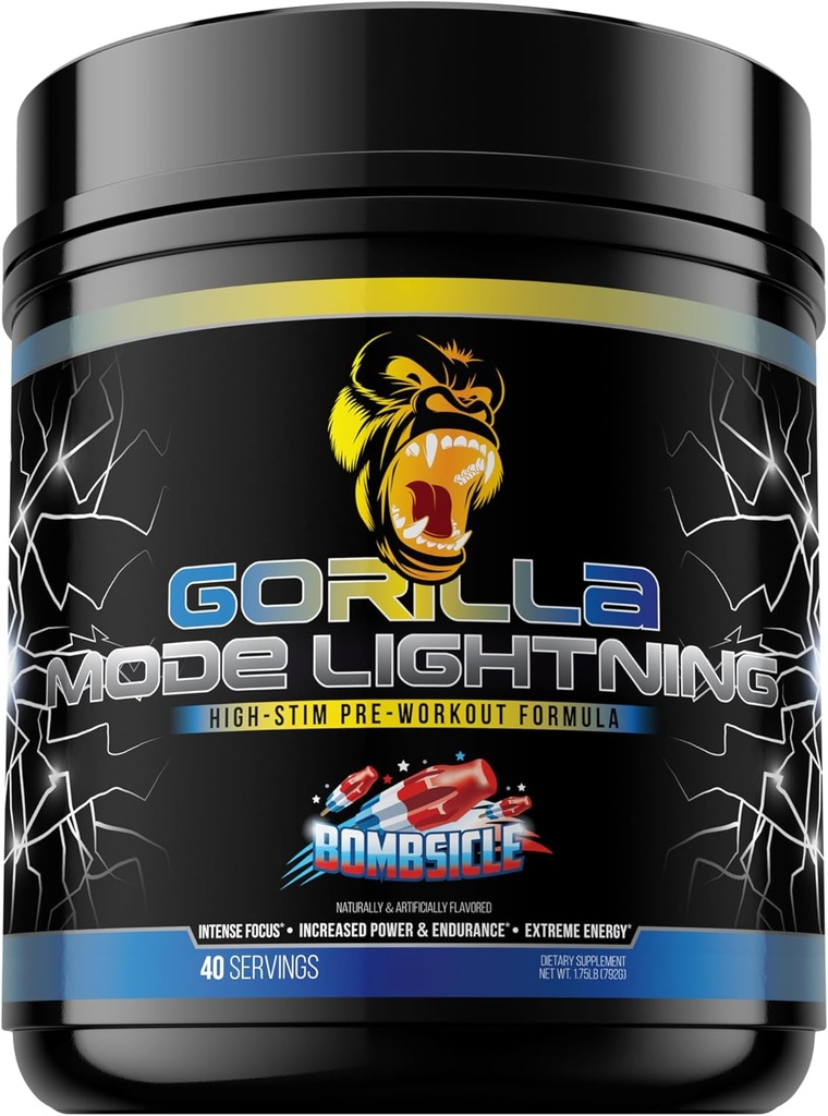 Pré-entraînement de la foudre en mode Gorilla - Énergie extrême · Focus laser · Pompes puissantes · Performance maximale - 550mg Caféine, 13500mg L-Tyrosine, Alpha-GPC– 792g (Bombsicule)