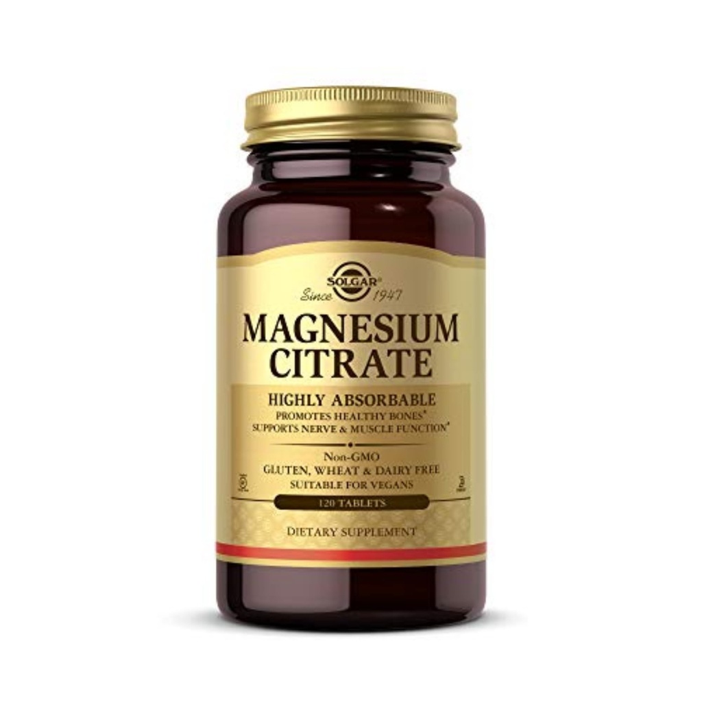 Citrate de magnésium de Solgar, 120 comprimés - favorise la santé des os - soutient la fonction nerveuse et musculaire - non OGM, végétalien, sans gluten, sans lait, sans casher - 60 portions, emballage standard