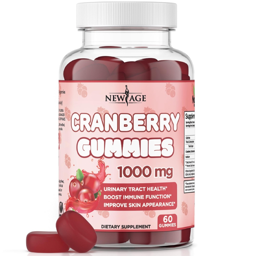 NEW AGE Cranberry Gummies Urinary Tract Health Gummies 1000mg - Supporta la vescica, Rene, UTI - Vegetariano (Cranberry 60 Gummies)