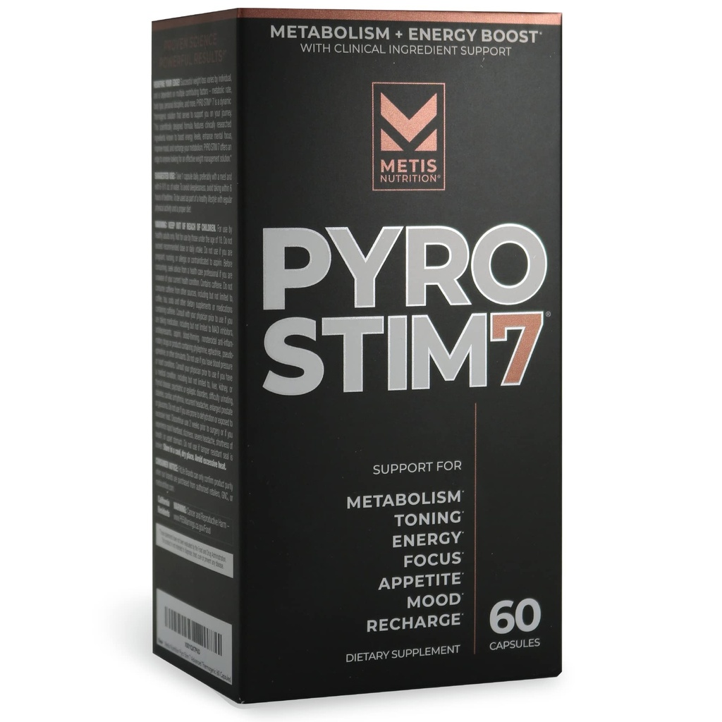 Pyro Stim 7 Metabolism Booster Fat Loss Support Energy Boost - Termogenico di una volta-A-Giorno con Teacrine per messa a fuoco, controllo degli appetite, tonificante muscolare e controllo del mood (60 capsule)