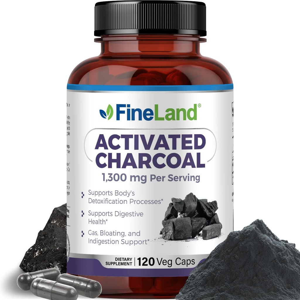 Charbon FineLand activé 1300mg - Détox digestif avancé, aide avec le gaz et le blottis, la circulation et le soutien cholestéroal - Fabriqué aux États-Unis, 120 pilules végétaliennes