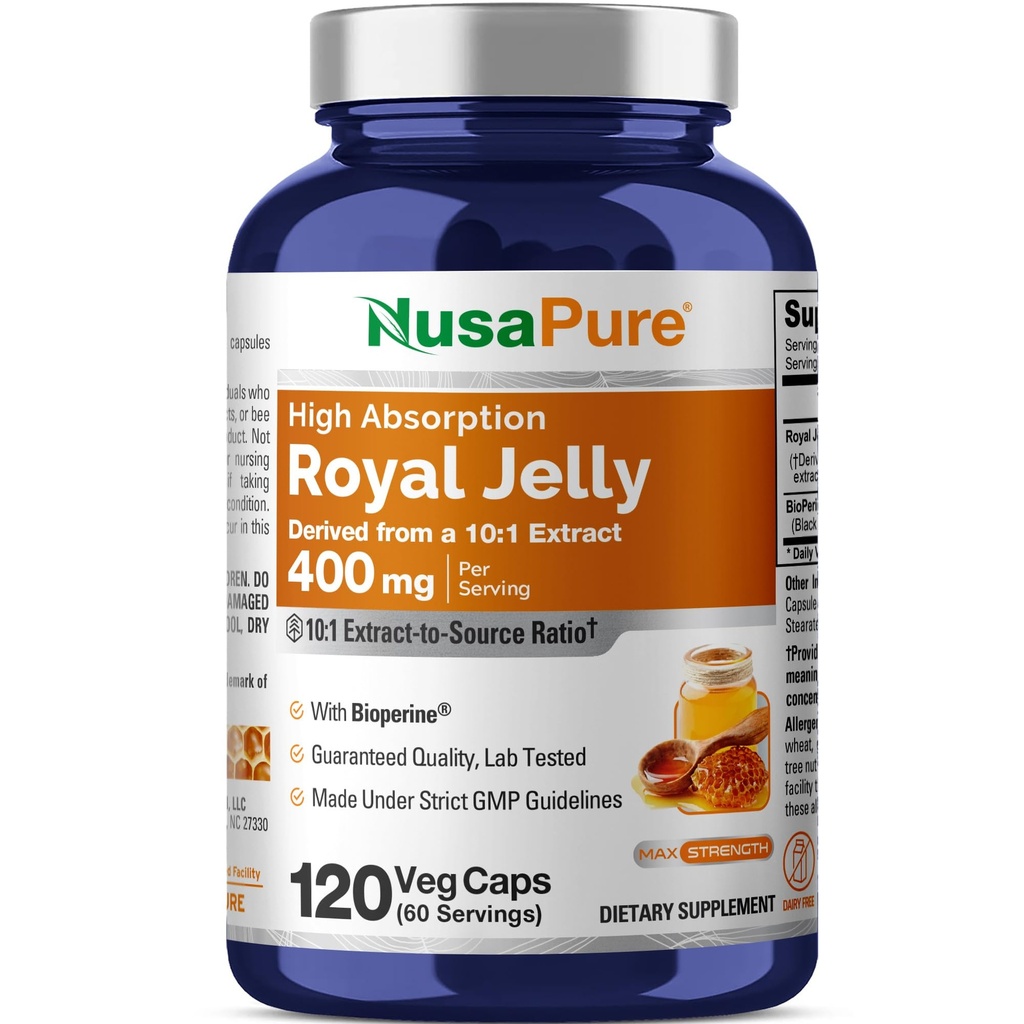 NusaPure Royal Jelly 10:1 Extrakt, 400 mg Äquivalent zu 4000mg - 120 Veggie Kapseln (Non-GMO, Glutenfrei, Bioperine)