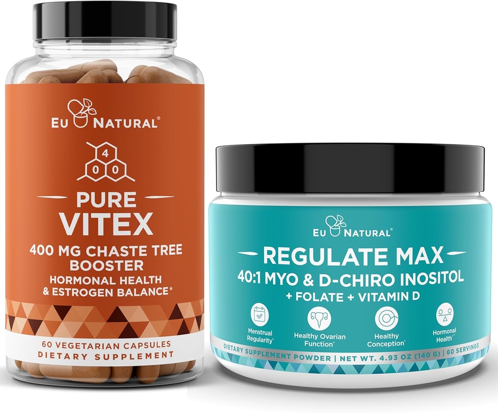 Vitex Chasteberry Capsules & Regolare Max Myo-Inositol D-Chiro Inositol Powder - Natural PMS & Fertiility Support, Balance Hormones, Ciclo di Regolazione - 60 Vegan Soft Capules + 60 Servings Inositol Powder