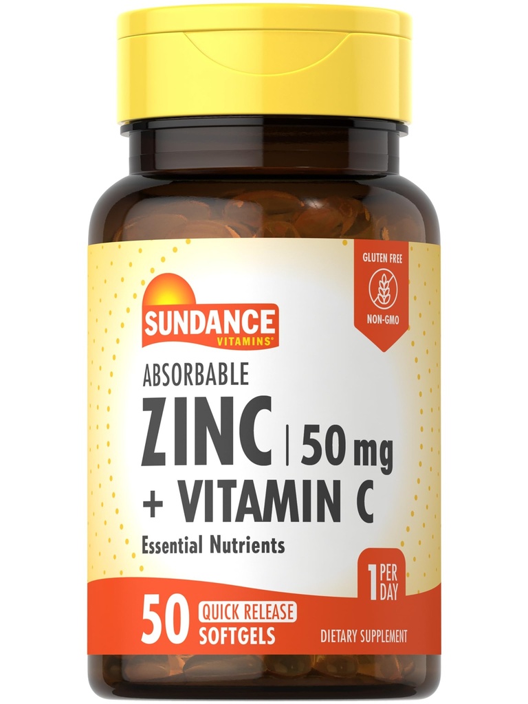 Zinco assorbente da sole con vitamina C | 50mg | 50 Softgels | Nutrienti essenziali | Non OGM e Gluten Supplemento gratuito