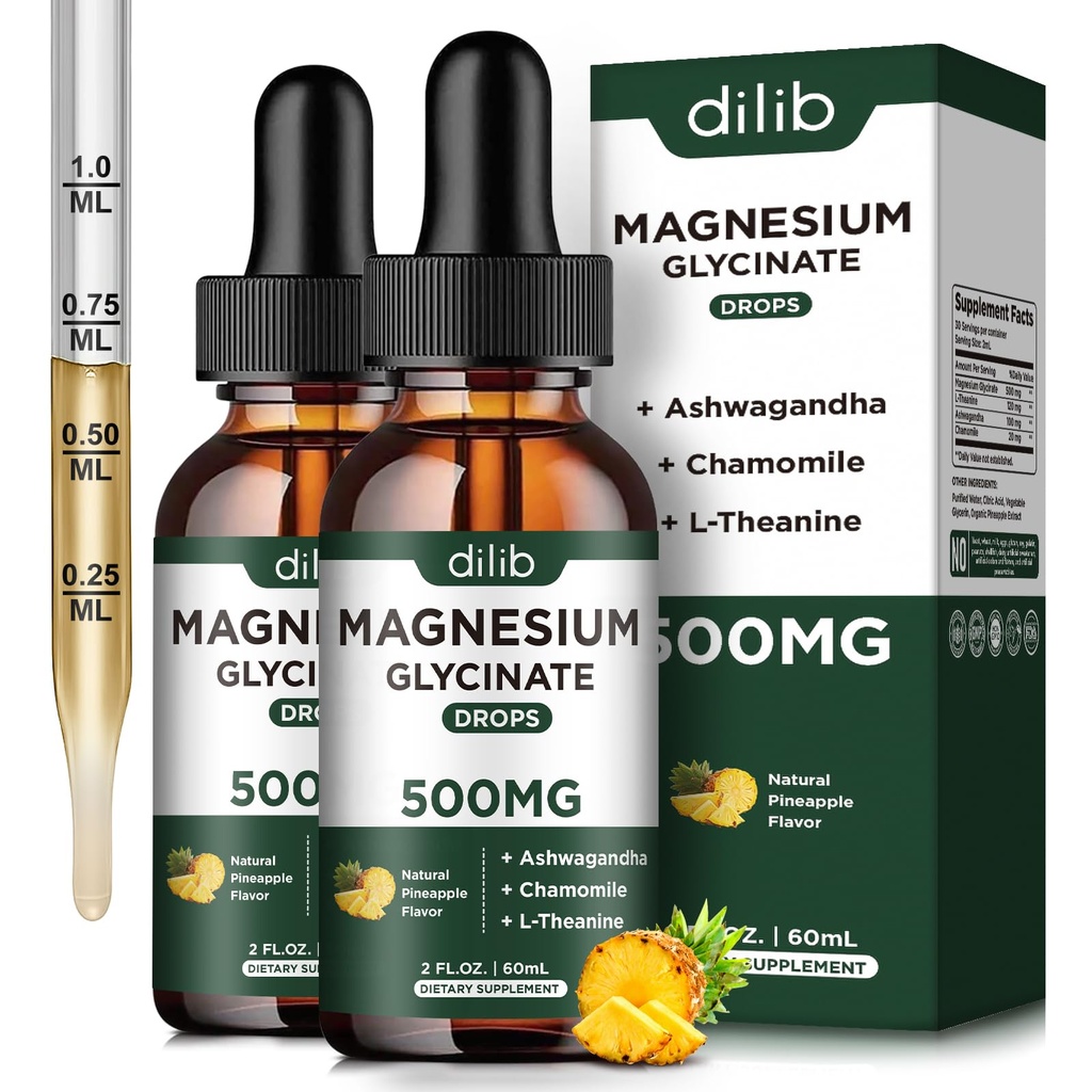 (2 Pack) Magnesium-Glycinat-Ergänzung, Magnesium-Flüssigtropfen mit Magnesium-Glycinat 500mg Ashwagandha, L - Theanin, Kamille -Supports Optimal Calm Sleep Vegan