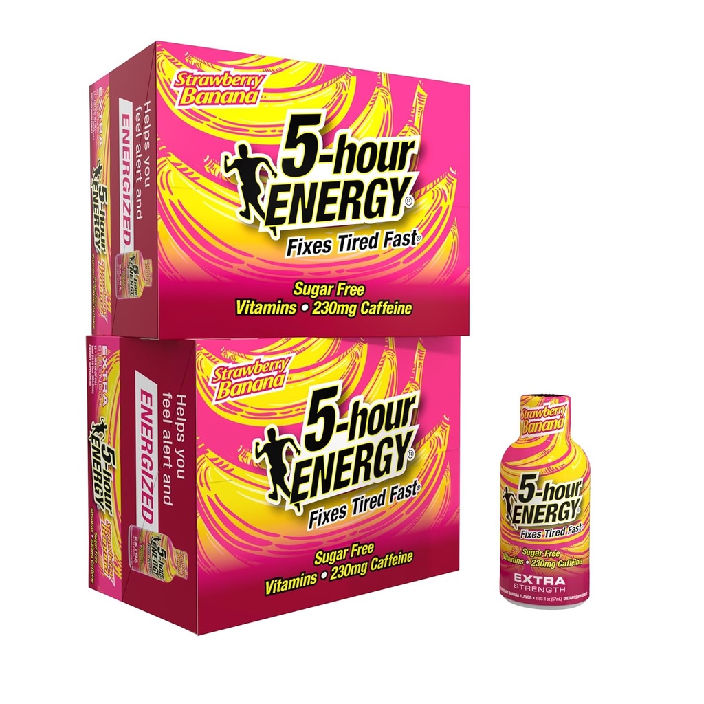 5 ore ENERGY Extra Strength Energy Shot, Strawberry Banana Flavor (1.93 oz., 24 conte) Zucchero-Free & Zero Calories, B-Vitamins & Aminoacidi, 230mg Caffeinated Energy Shot, Integratore Dietetico