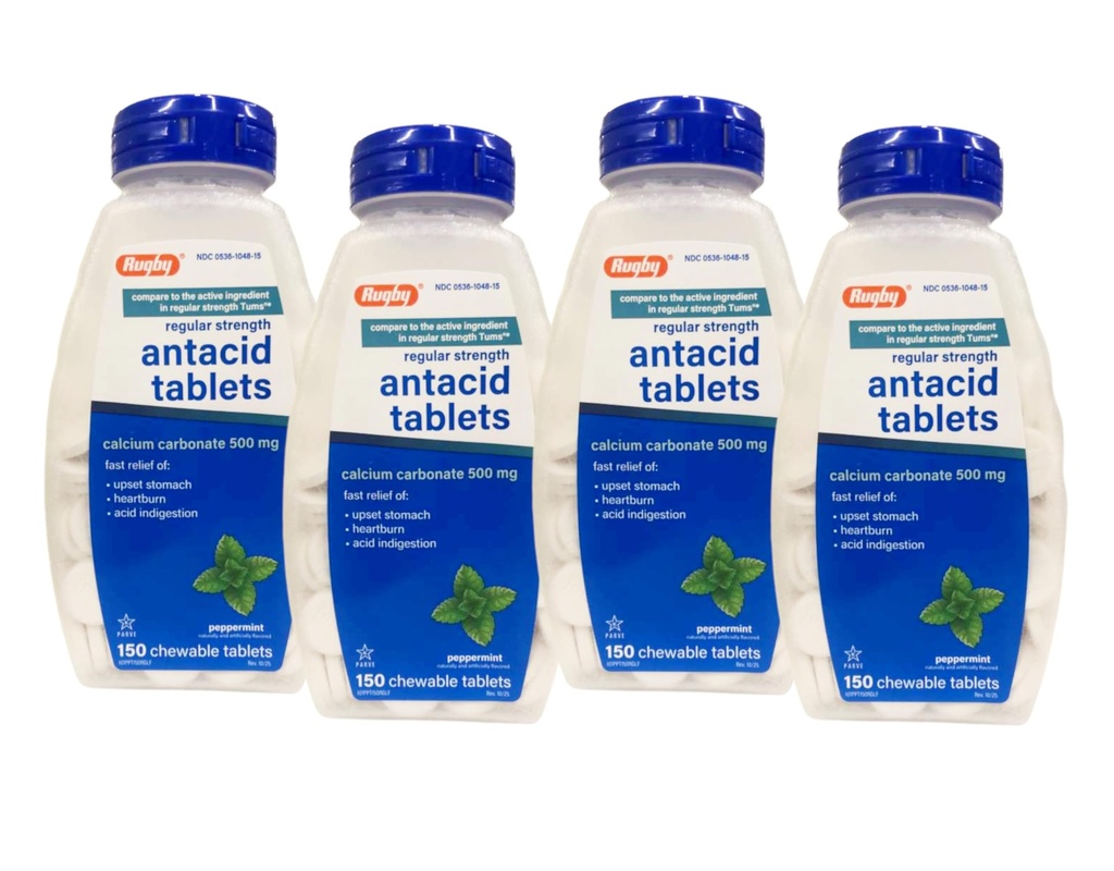 Rugby Calcium Carbonate 500 mg Antacid Tablet Peppermint, Regolare Strengh, 150 compresse masticabili - 4 Pack