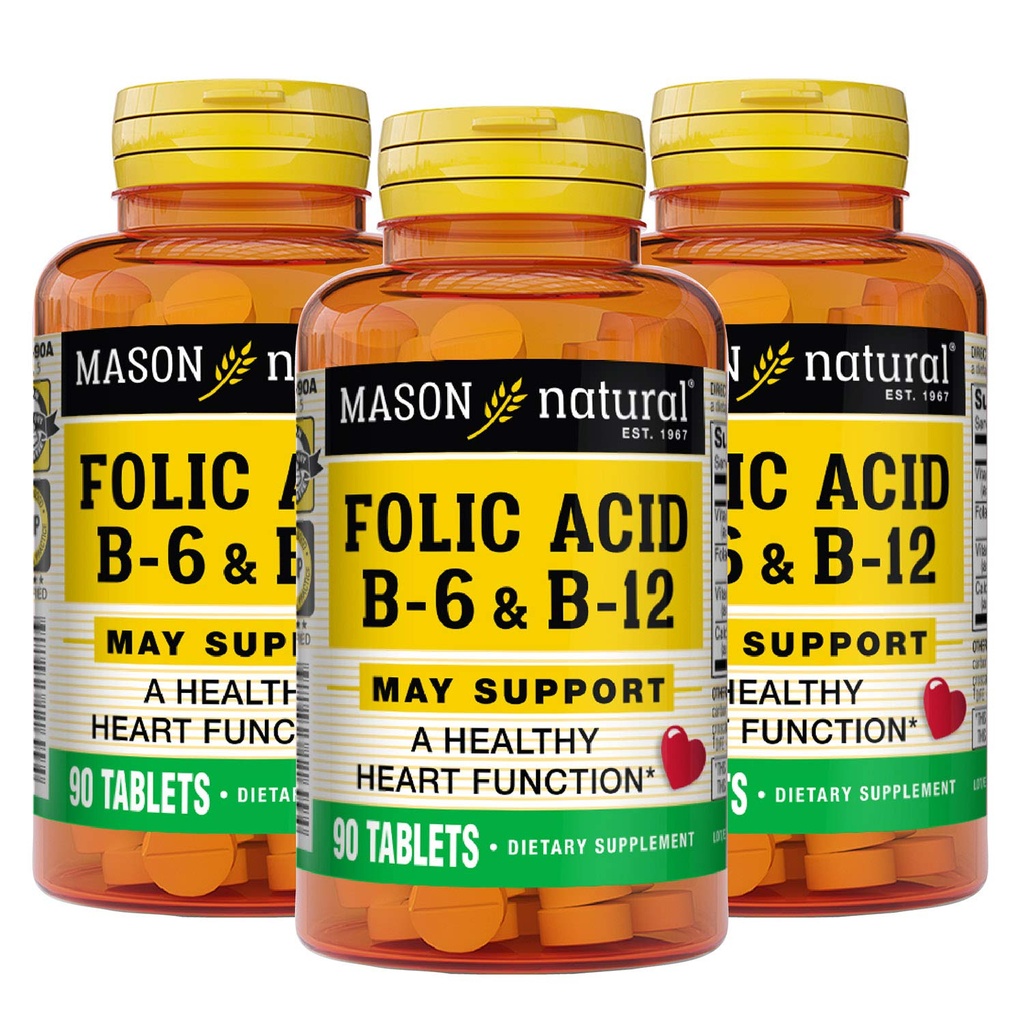 MASON NATURAL Herz Formel B6/B12/Folsäure Tabletten, Nahrungsergänzung unterstützt Herz-Kreislauf-Gesundheit, Blut-Zell-Formation, Stoffwechsel-Funktion, 90 Count (Pack von 3)