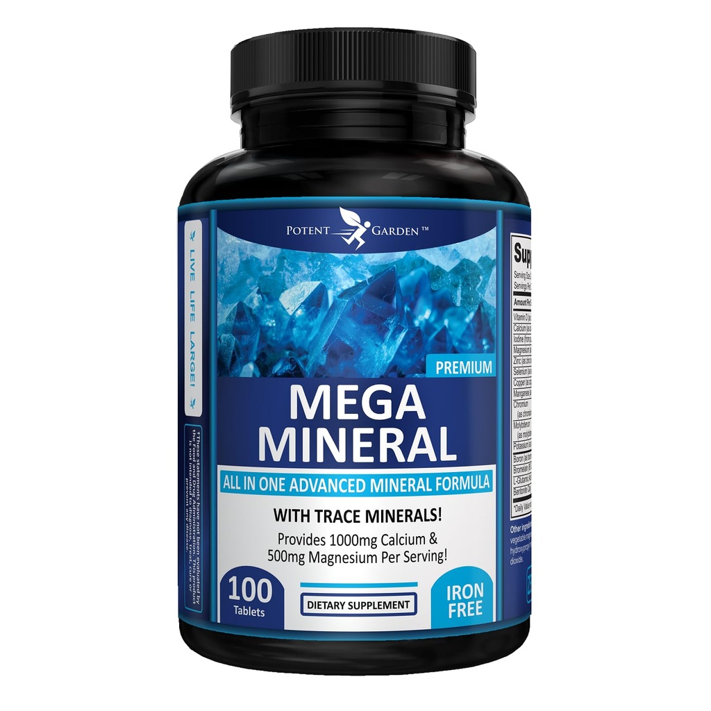 Potente Giardino Mega Mineral Supplemento Complesso Minerale Completa con Calcio Magnesio Zinco Potassium Boron Selenium Chromium & 72 Trace Minerals Iron Free Calcium Supplement -100 Pillole