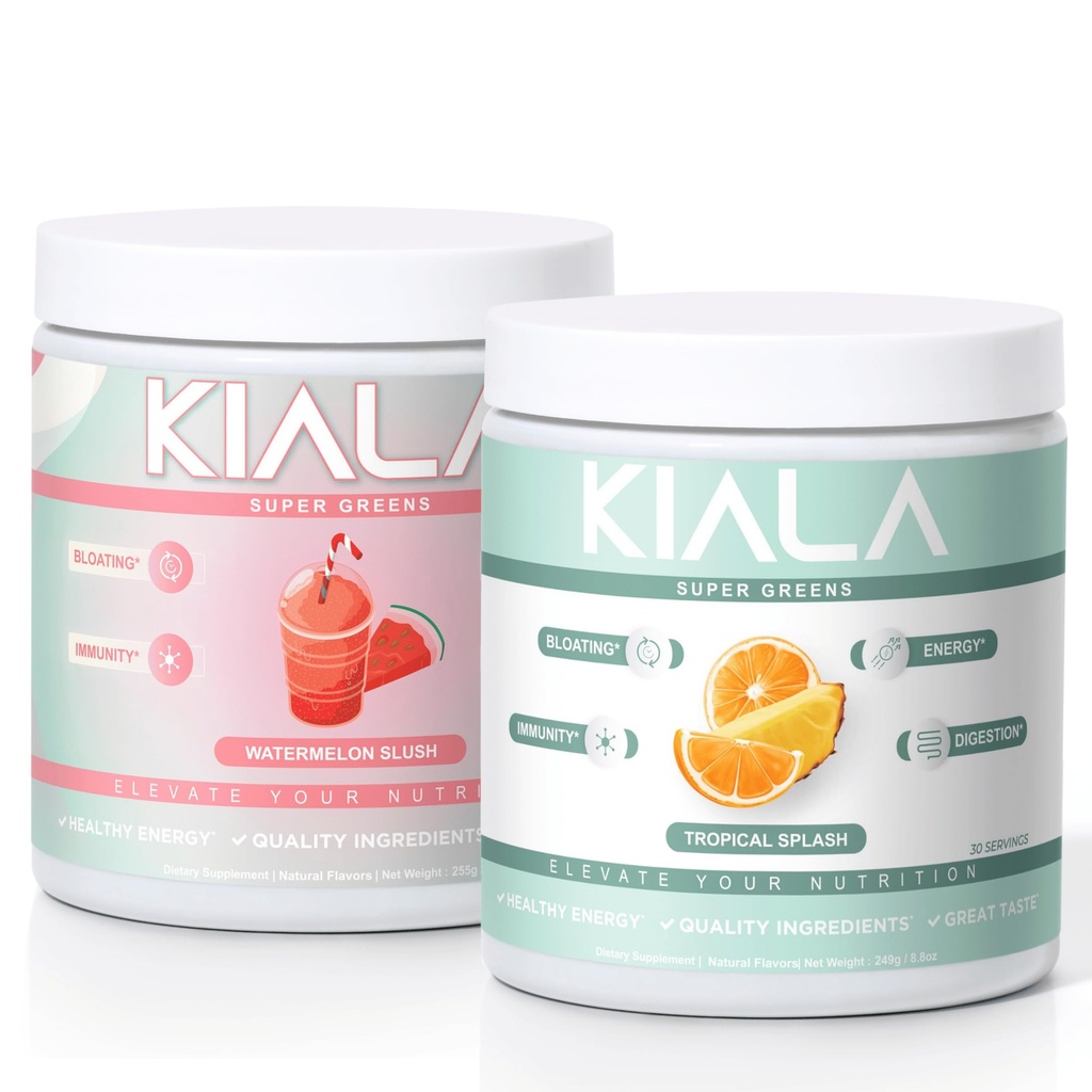 Kiala Nutrition Super Greens, Bio Greens Powder, Spirulina & Chlorella Superfood Powder, Sugar & Gluten Free Vegan, Spectra Blend, Watermelon & Tropical Slush 2 Pack