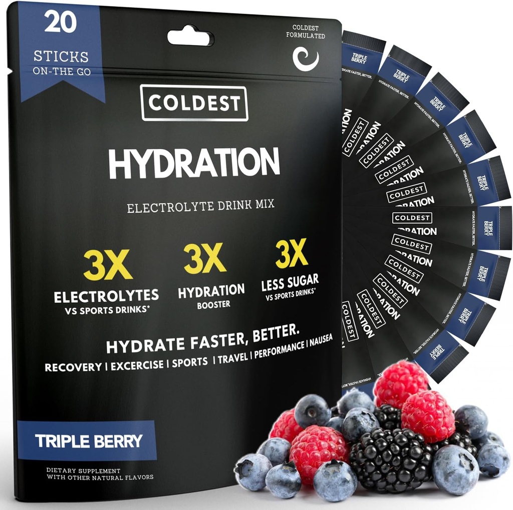 Kaltste Hydration - Elektrolyte Pulver-Packets - Non GMO & No Artificial Sugar - Elektrolyt-Getränk-Mix - Easy Open Single-Serving Stick Drop in Wasser - 20 Sticks pro Pack (Triple Berry)