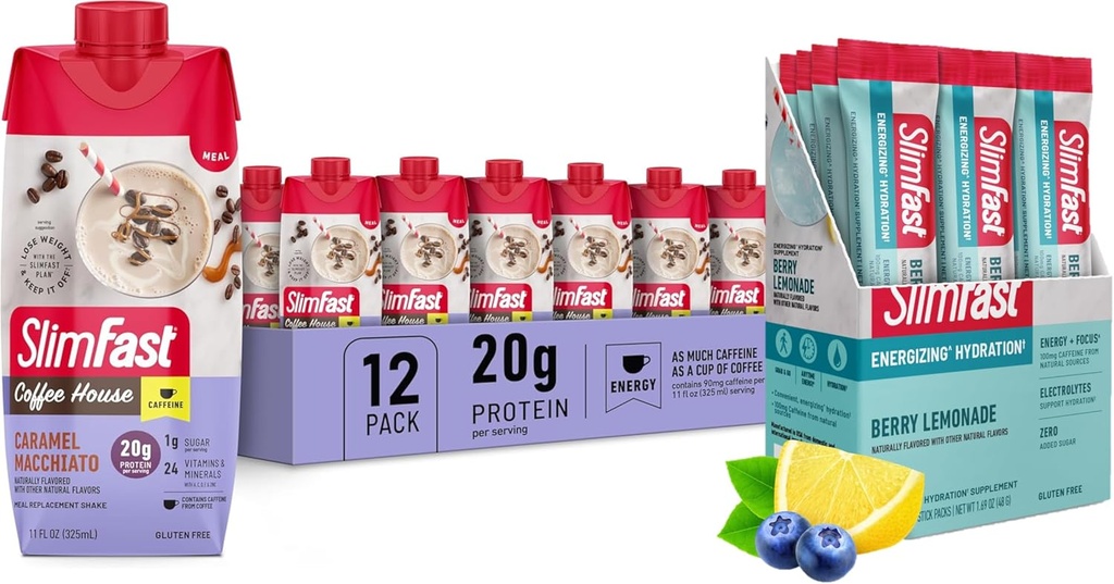 SlimFast Bundle: Intermittent Fasting Elektrolyte, Energy Powder Drink Mix, Koffein aus natürlichen Quellen- Berry Lemonade (12 Count) + High Protein Meal Replacement Shake, Caramel Macchiato, 12 Pack