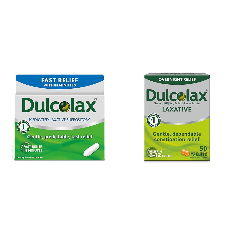 Dulcolax Fast Relief Medicated Laxative Suppositories Fast Relief, Rectal Use Only, Bisacodyl, 10 mg & Overnight Relief Laxative for Gentle Constipation Relief, Bisacodyl 5 mg Tablets, 50 Count