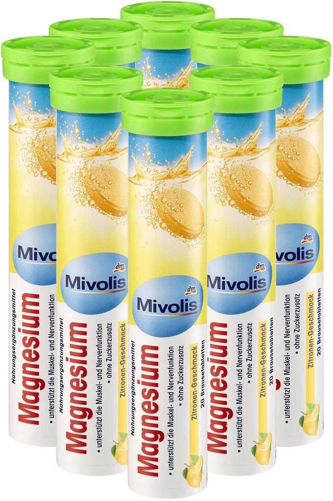 Mivolis Magnesium Brausetabletten - Nahrungsergänzungsmittel 8 Tuben x 20 Stück | Deutschland