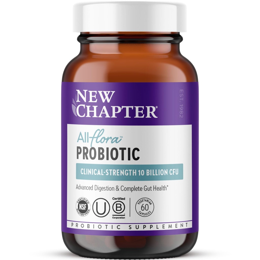 Nouveau chapitre Probiotic All-Flora - 60 ct (2 mois d'approvisionnement) pour la digestion avancée et la santé complète des intestins avec prébiotiques + postbiotiques, souche cliniquement étudiée, 100% végétalien, non-OGM, plateau stable