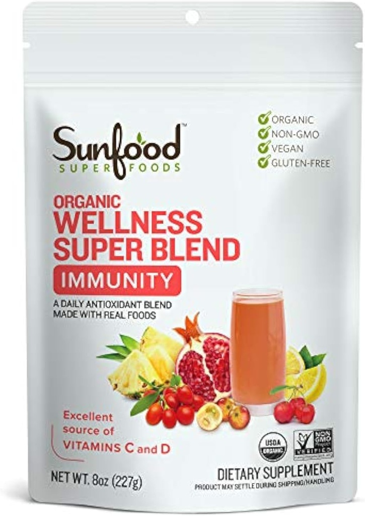 Sunfood Superfoods Organic Super Wellness Blend - Sostegno Immune Polvere, Antiossidante Superfood Smoothie Mix per Donne & Uomini w/Vitamin C & D, Energia Naturale, USDA Organic - 8 once Bag