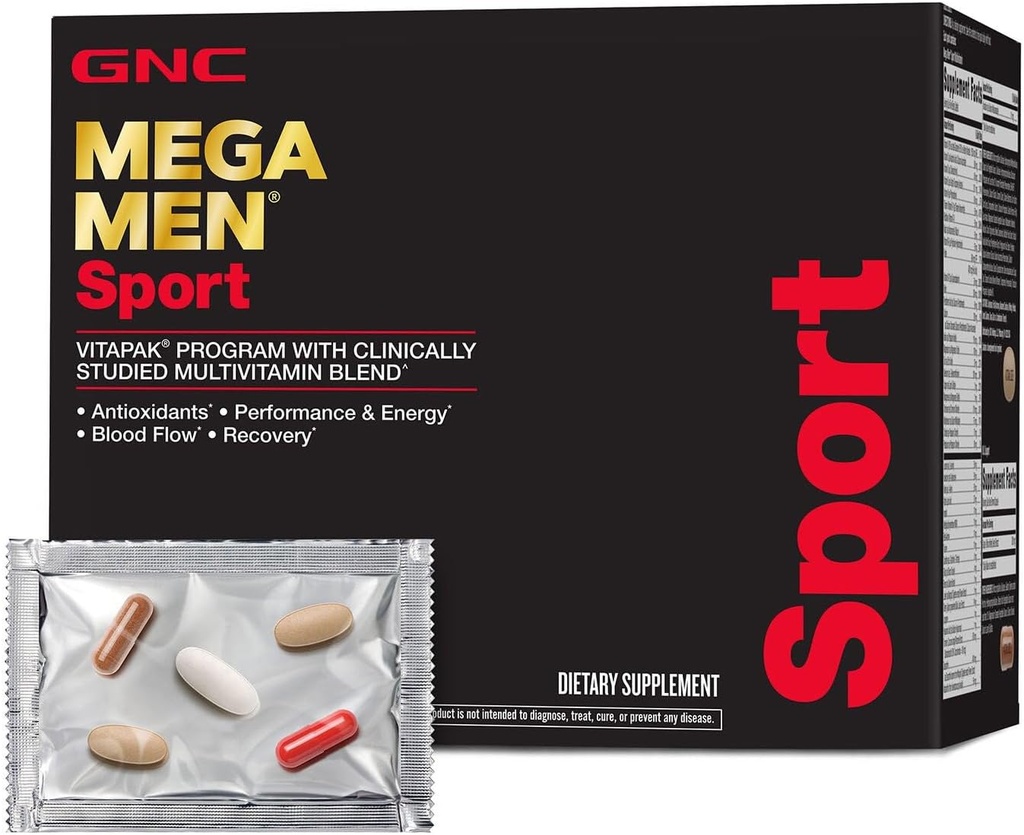 Mega Men Sport Vitapak Program, Conveniente Nutrizione Completa, 4 Prodotti in 1 Confezione, Performance Atletica, Energia, Recupero, Flusso Sangue, Arginina, Caffeina 200mg, Termogenico, Alimentazione 30 giorni
