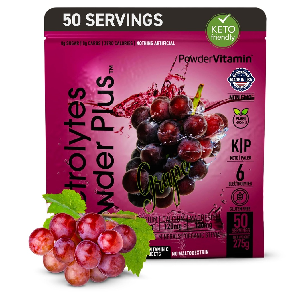 PolvereVitamin Electrolytes Powder Plus (50 Servings) Grape Electrolyte Powder Zero Calorie Keto, 0 Zucchero, No Maltodextrin, 1000mg Potassium, 120 mg di calcio, 120 mg di magnesio, polvere di idratazione