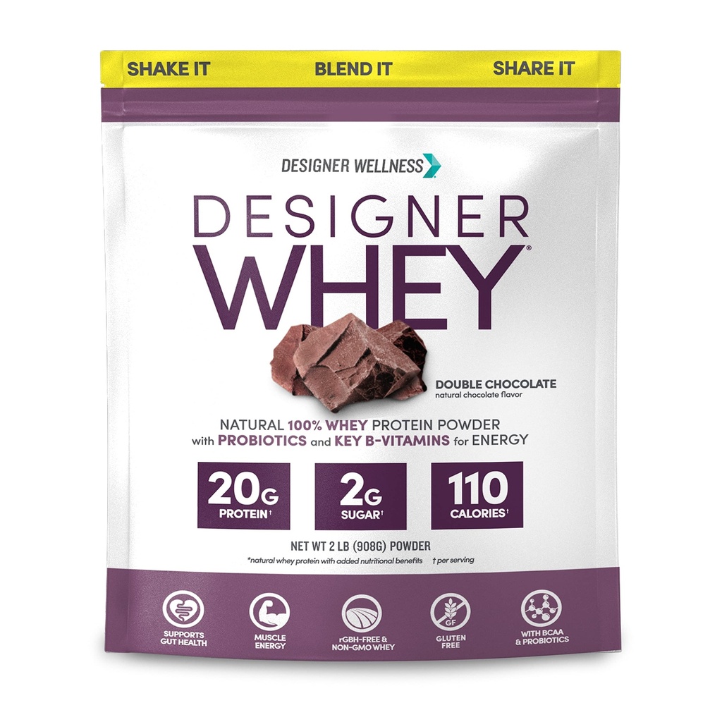Designer Wellness, Designer Whey, Natural Whey Protein Powder mit Probiotika, Fiber und Key B-Vitamine für Energie, Gluten-Free & Kosher, Double Chocolate, 2 lb