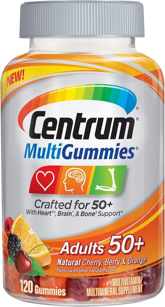 Centrum MultiGummies Erwachsene (120 Count, Natürliche Kirsche, Berry, Orange Flavor) Multivitamin/Multimineral Supplement Gummi, Vitamine B12, D, E, Alter 50+