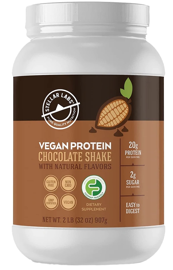 Stellar Labs Vegan Protein Pulver mit BCAA & Antioxidantien | Zertifiziert Low FODMAP, Non GMO, Glutenfrei, Sojafrei, Low Carb, mit Stevia | Lean Plant Based Protein Powder Shakes | Chocolate