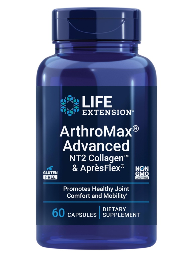 Estensione della vita ArthroMax® Advanced NT2 CollagenTM & AprèsFlex®, glucosamine solfato, Boswellia (incenso indiano), Joint Health, Mobility, Gluten-Free, Non-OGM, 60 capsule