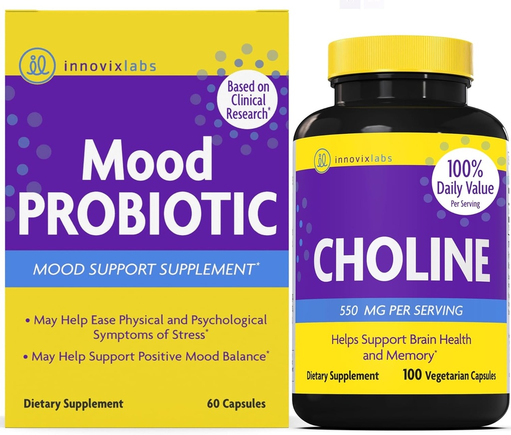 InnovixLabs Choline & Mood Probiotic Bundle Choline Bitartrate 550mg (100 Kapseln) Mood Probiotic (60 Kapseln). Unterstützt Gedächtnis, Stimmung, Gehirn Gesundheit & Boost kognitiv.*