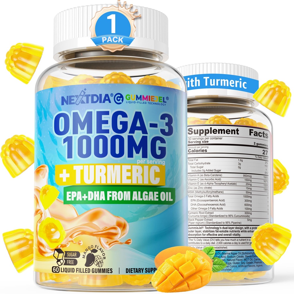 Vegan Omega-3 Gommies 1000mg + Turmère - Omega 3 Huile de poisson Alternative pour les adultes - Algae DHA 600mg & EPA 300mg, Vitamines A, C, E, Zinc & MSM, sans sucre, 60 Cts