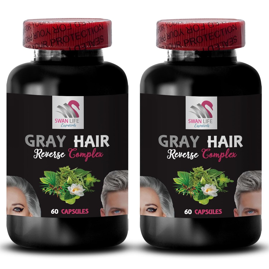 Restauration des cheveux - GRAY HAIR REVERSE - Brillance des cheveux, Restaurer la vibrance, Solution de soin des cheveux, Renouveler la couleur des cheveux, Restauration des couleurs, Teinture des cheveux, Cheveux défiant l'âge, Couleur des cheveux vibrants 2 Bouteilles 120 Caps
