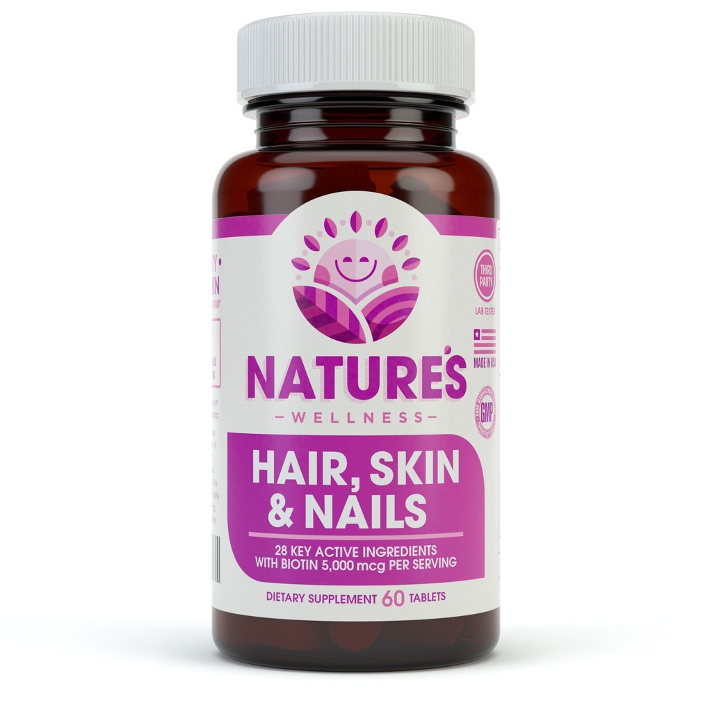 Natures Wellness Hair, Skin & Nails Essential Nourishing Supplement, 60-Count | 4000mcg Biotin + Vitamine A, C ed E, B Complex Vitamins, e Advanced Nutrients per Capsule | 100% All-Natural