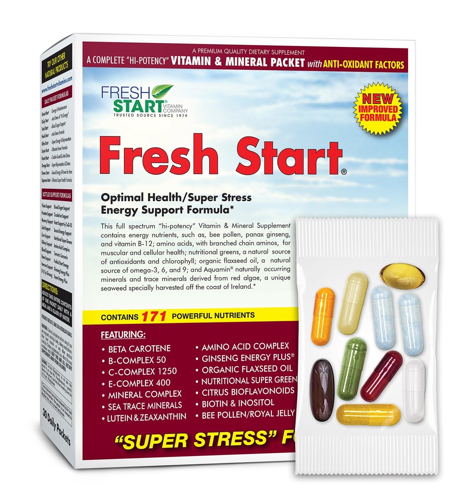 Fresh Start Complete Daily Vitamine Pack (en anglais seulement) Rehausseur d'énergie et soutien au stress (en anglais seulement) Vitamine A, B, C, D, E, B12, Minéraux, acides aminés, Omega-3-6-9, Panax Ginseng, Super Greens (30 paquets)