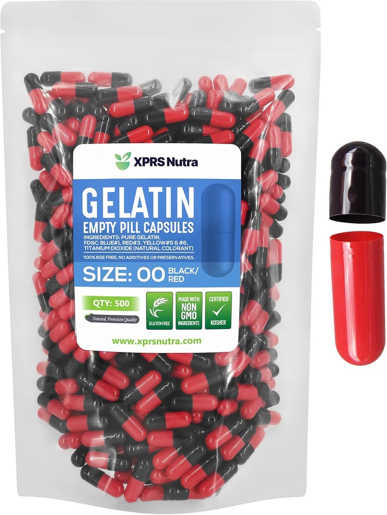 XPRS Nutra Größe 00 Leere Kapseln - 500 Graf Leere Gelatine Kapseln - Pillen DIY Kapsel Füllung - Füllbare Pille Gel Kapseln für Do-It-Yourself Ergänzungen (schwarz/rot)