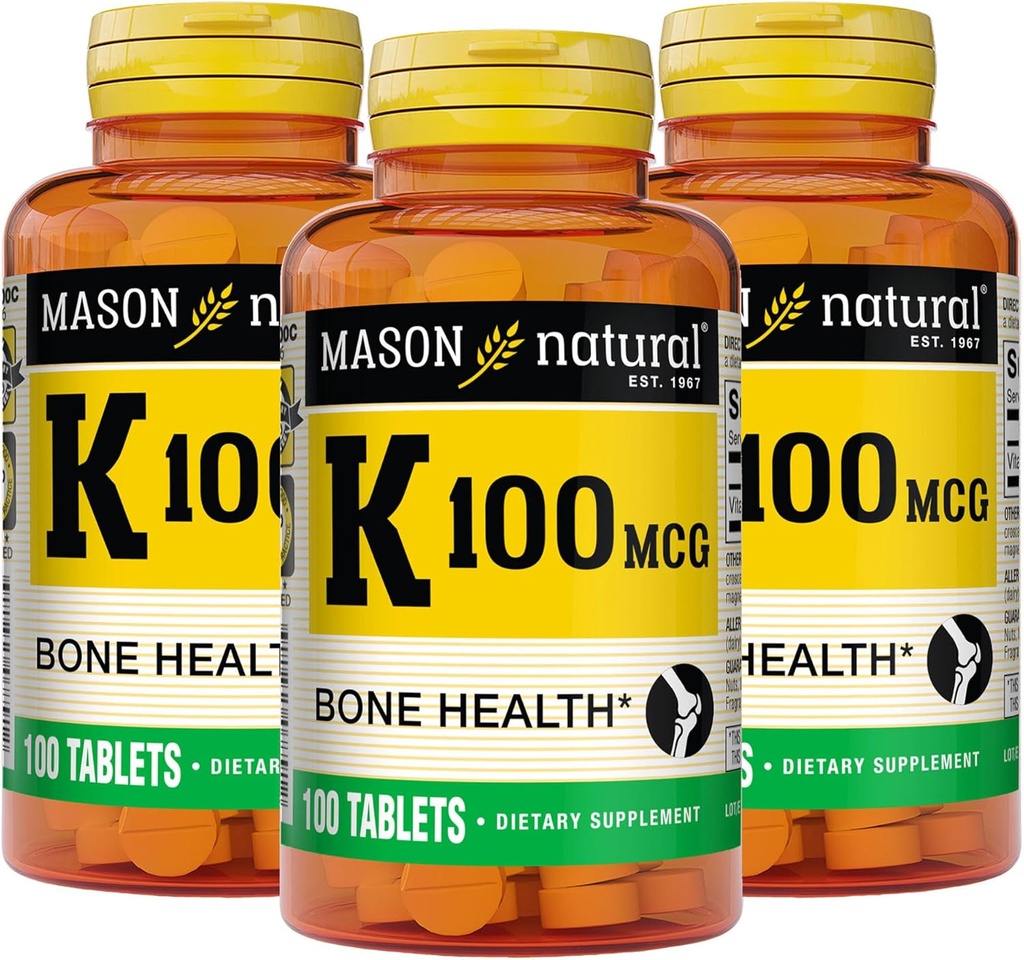 MASON Vitamina NATURAL K 100 mcg, Supporta la salute comune &amp; bone, aiuta l'assorbimento del calcio, 100 compresse, confezione da 3