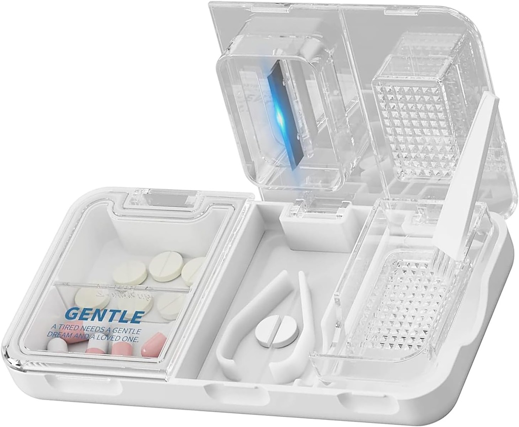 CFMOUR 3-in-1 Pille Cutter Splitter für kleine und winzige Pillen, Crusher, Grinder für große, tägliche Nutzung, sicher schneiden Pillen, Vitamine, Tabletten, genaue und einfache Schneiden, Reisen Sized, Weiß