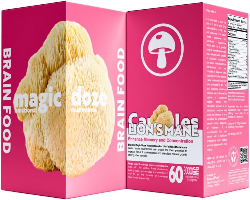 Magic DozeTM Lion’s Mane Mushroom Capsules – 100% Fruchtkörper für Fokus, Gedächtnis & Gehirn Gesundheit – 500mg pro Kapsel, 60 Vegan Capsules